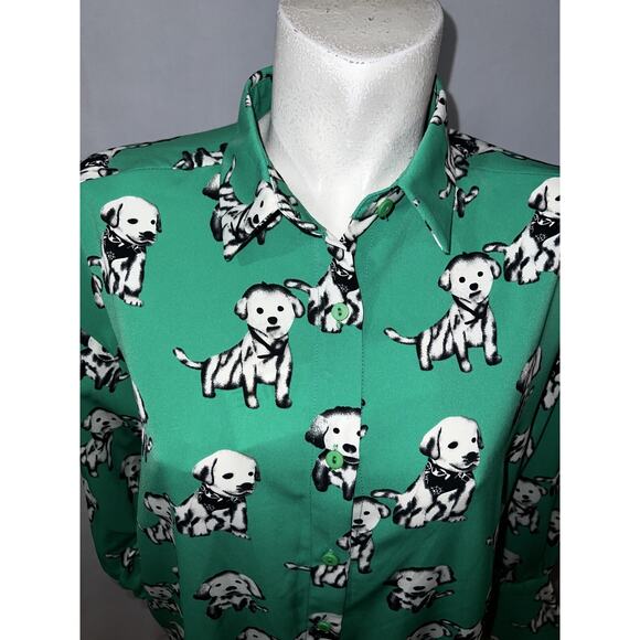New Elli White Top Women's Size S Green Dog Print Button Shirt Collared Novelty - Picture 2 of 10